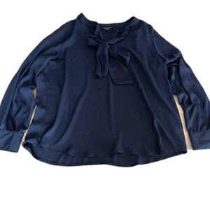 Ellen Weaver 1X Navy Tie Neck Blouse Long Sleeve Career Work Top